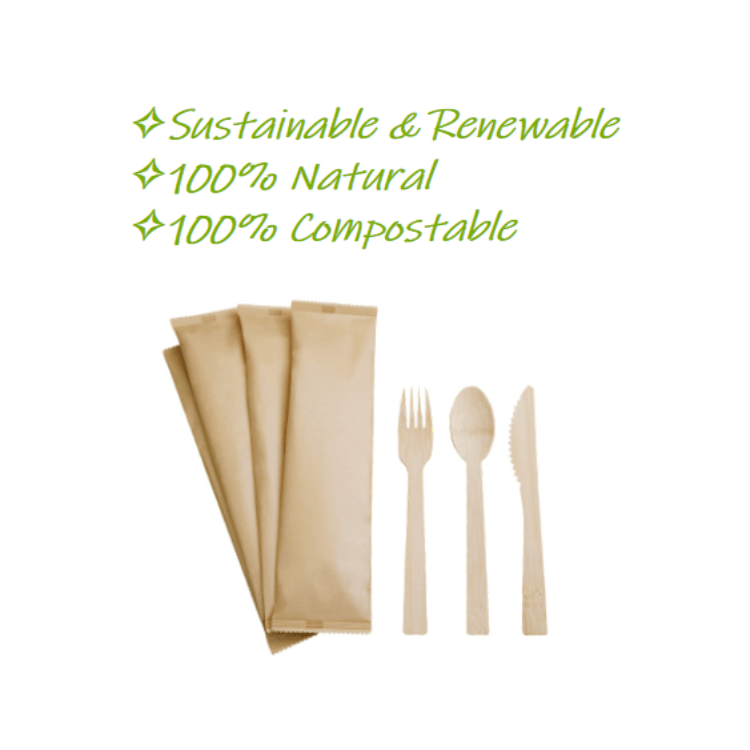 Couverts en bambou jetables de 7 pouces Couverts biodégradables Kits de couverts naturels compostables Ustensiles écologiques Kits de repas 3 en 1 Ensembles de couverts jetables en gros  