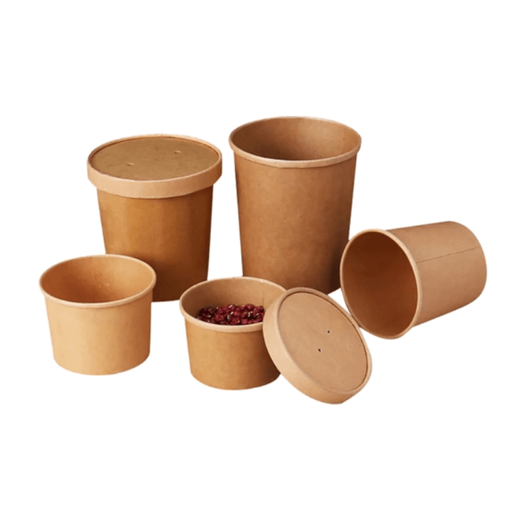 Copos de sopa de papel kraft ecologicamente corretos com tampas Recipientes para alimentos de papel descartável biodegradável Recipientes para viagem de papel kraft biodegradável Recipientes para viag  
